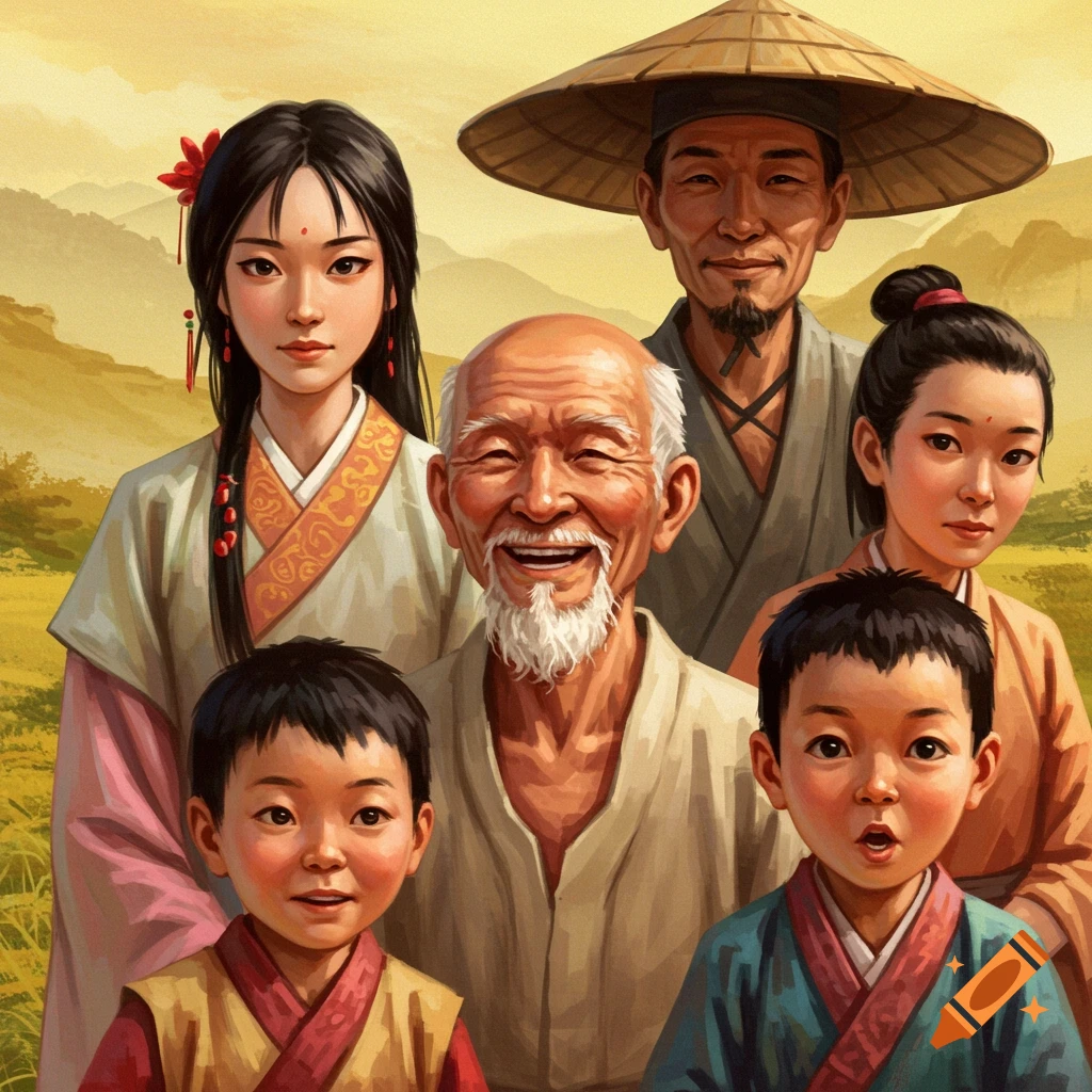 An East Asian family group portrait in a landscape.