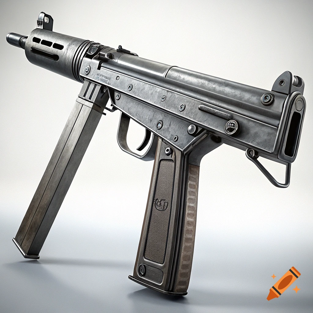A submachine gun rests on a reflective surface.