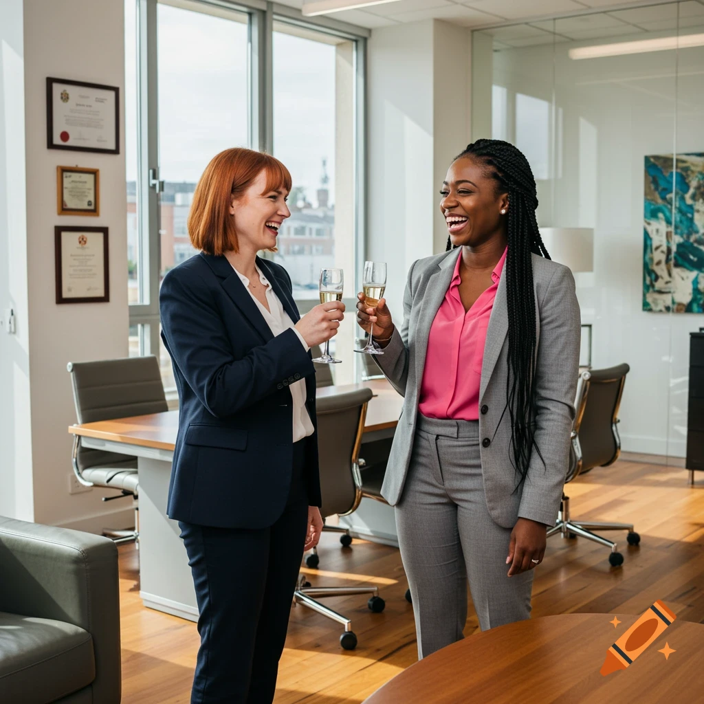Two businesswomen smile and toast with champagne glasses in a modern office.