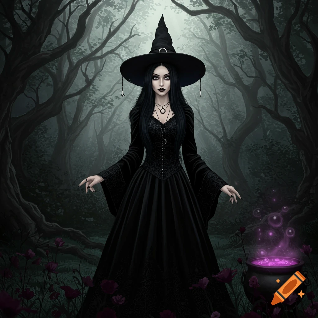 A gothic witch in a black dress and hat stands in a dark forest with a bubbling cauldron.