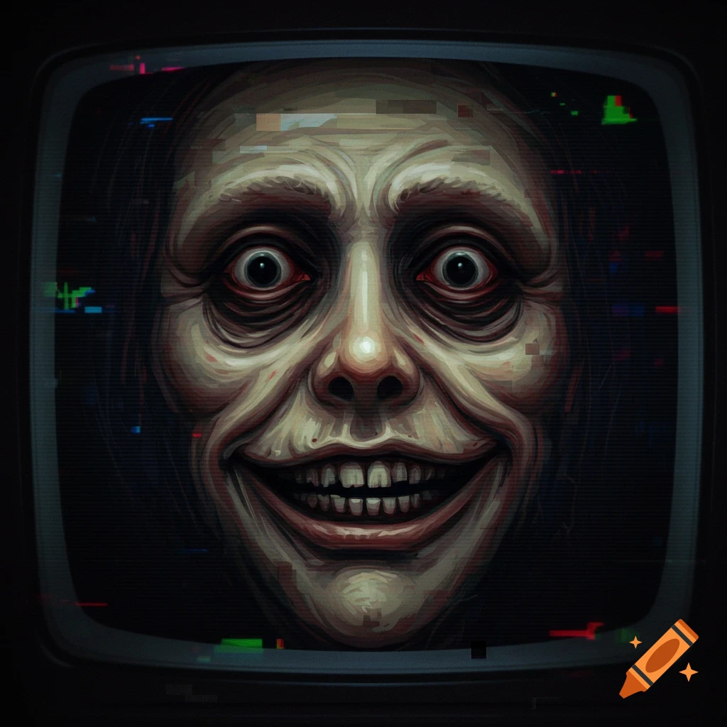 A creepy, distorted face appears on a vintage TV screen with static and glitches.