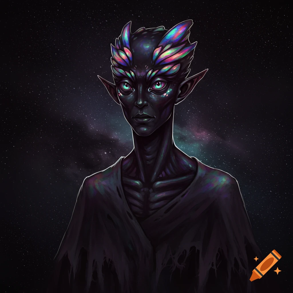 A dark-skinned alien character with iridescent features and pointed ears, against a starry space background.