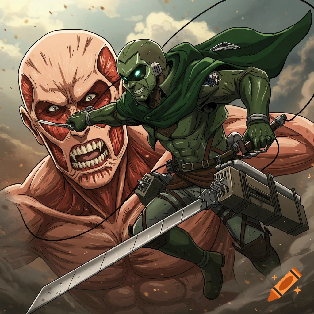 Doomslayer battles a Titan in Attack on Titan anime style.