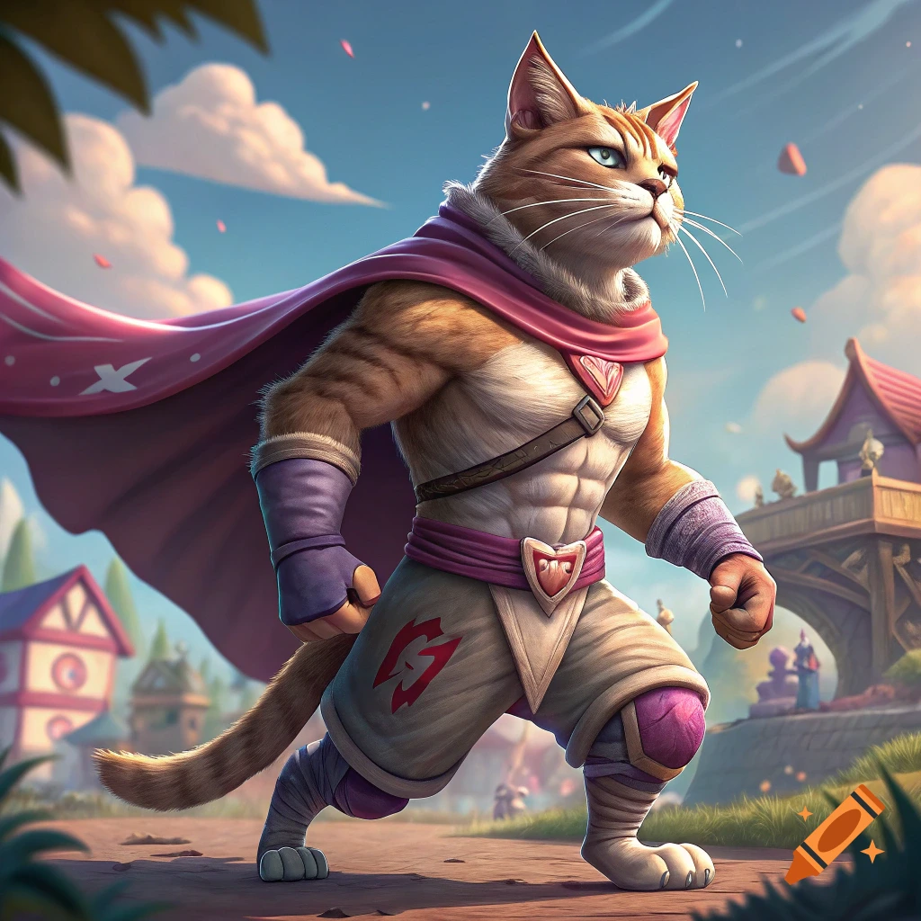 Muscular anthropomorphic cat hero in purple cape and gear stands in a fantasy village.