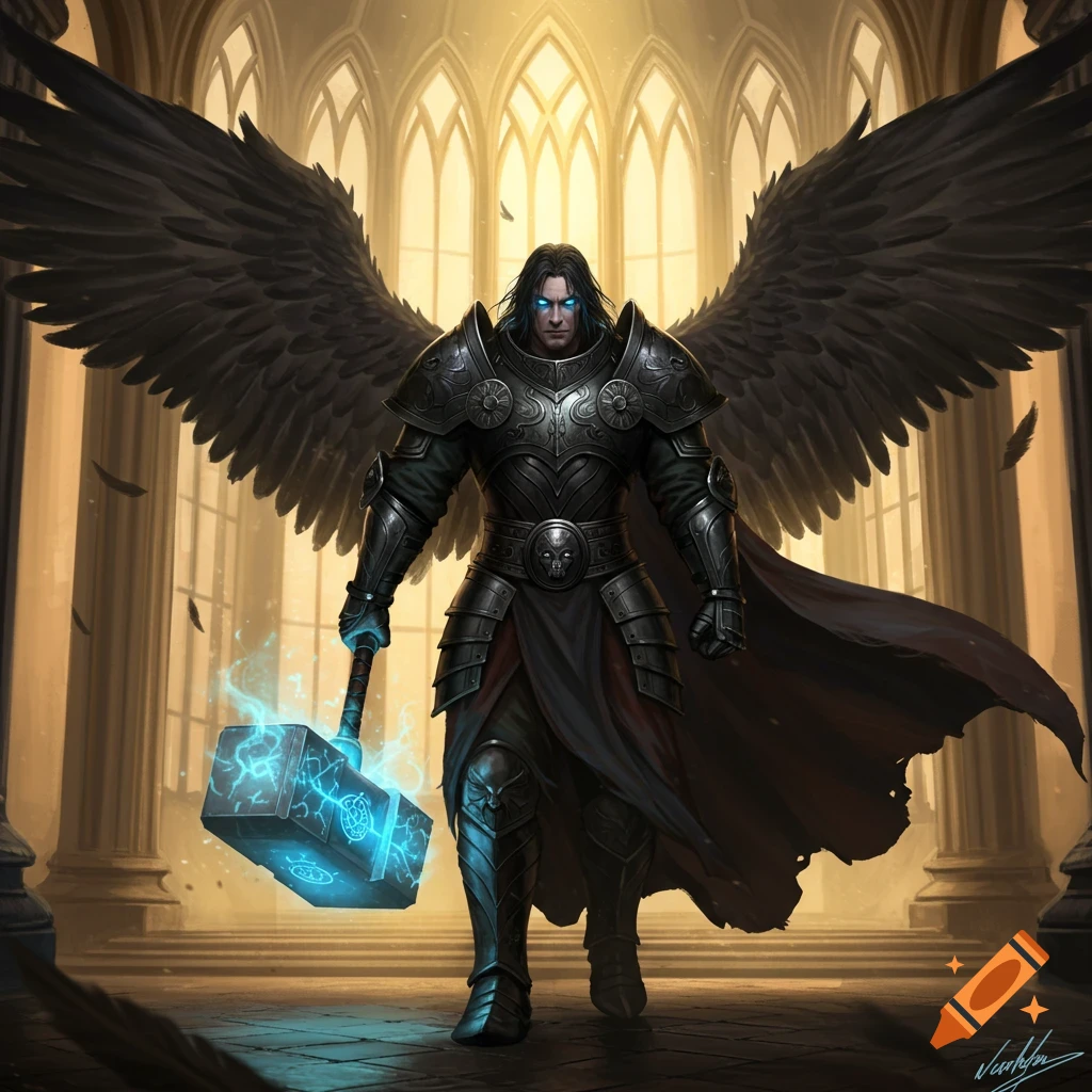 A dark-winged warrior in intricate armor holds a glowing hammer in a grand cathedral.