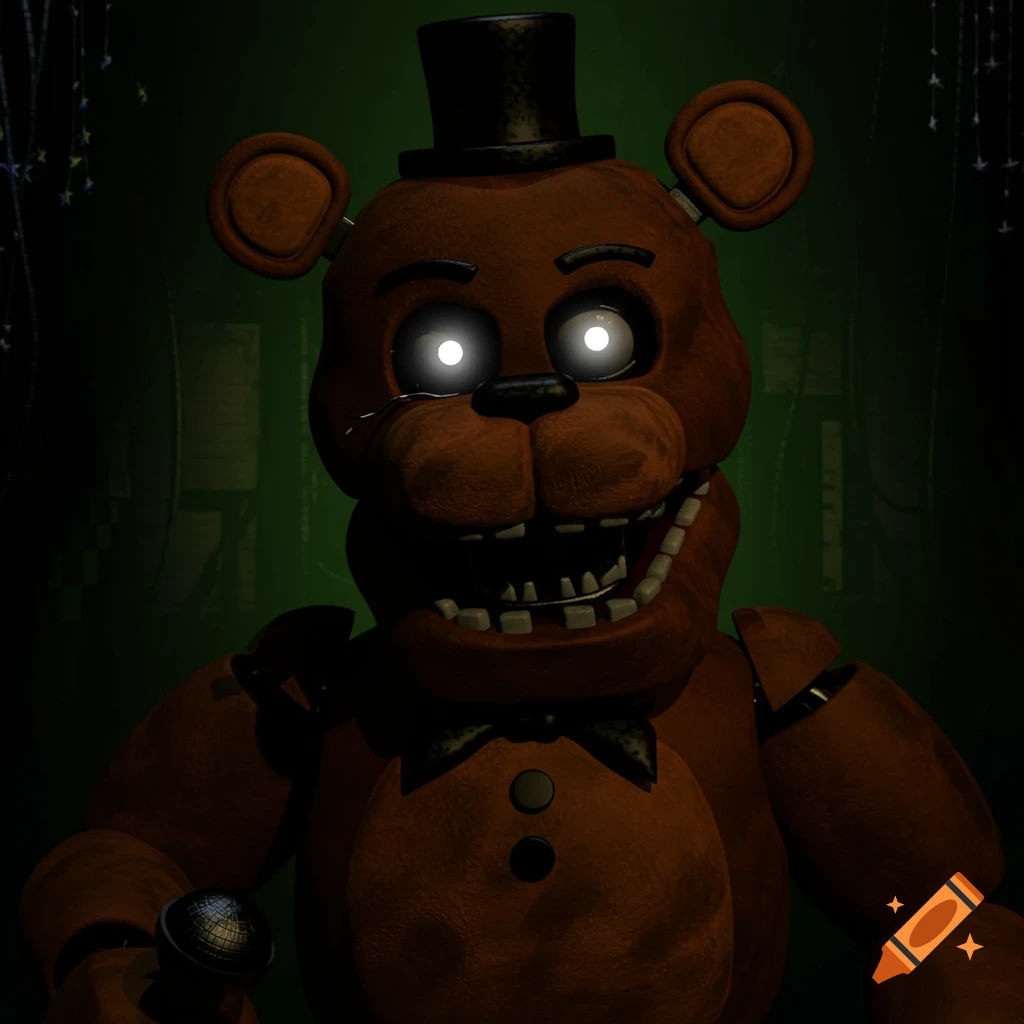 Close-up of Freddy Fazbear from Five Nights at Freddy's with glowing eyes in a dark room.