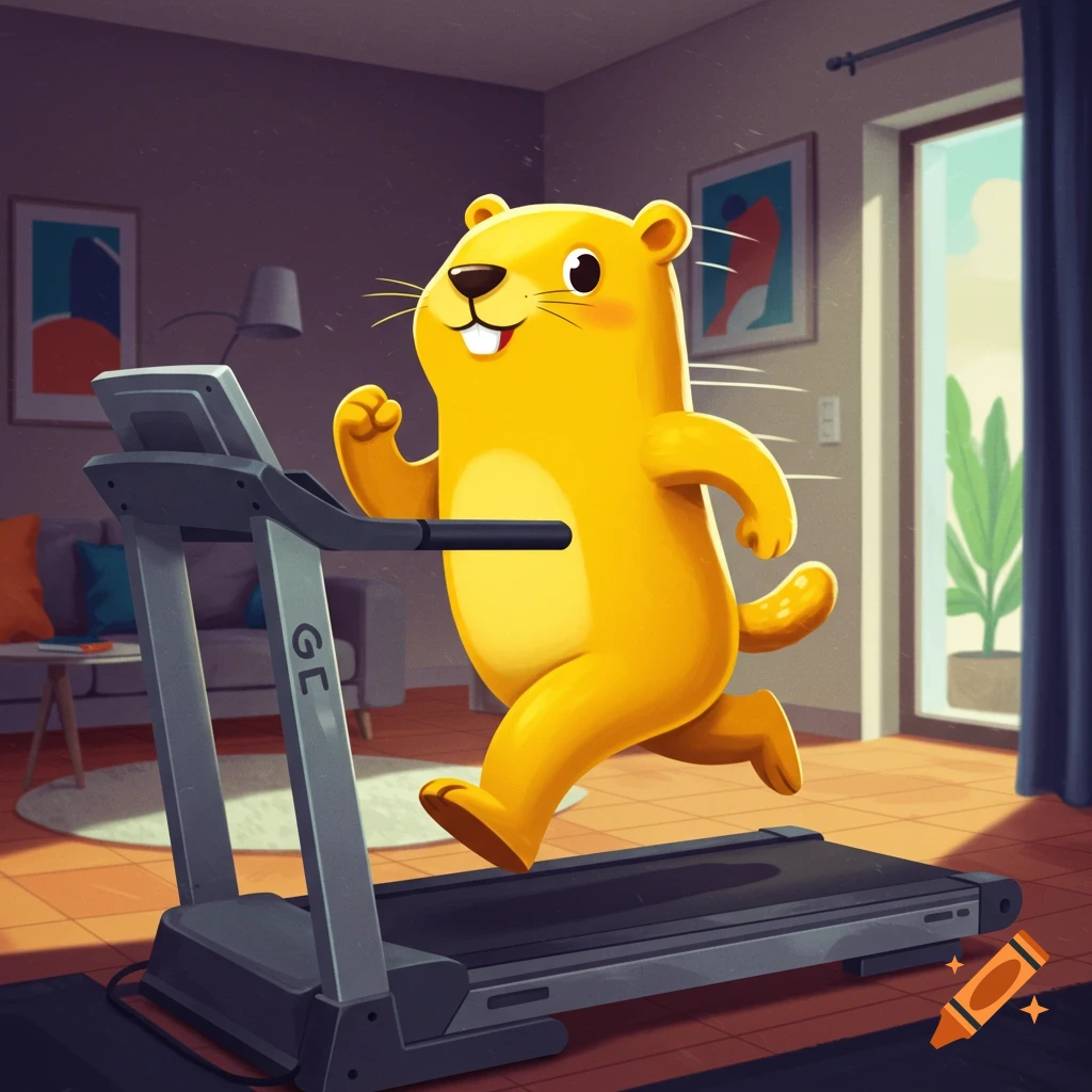 A yellow cartoon gopher runs on a treadmill in a bright living room.