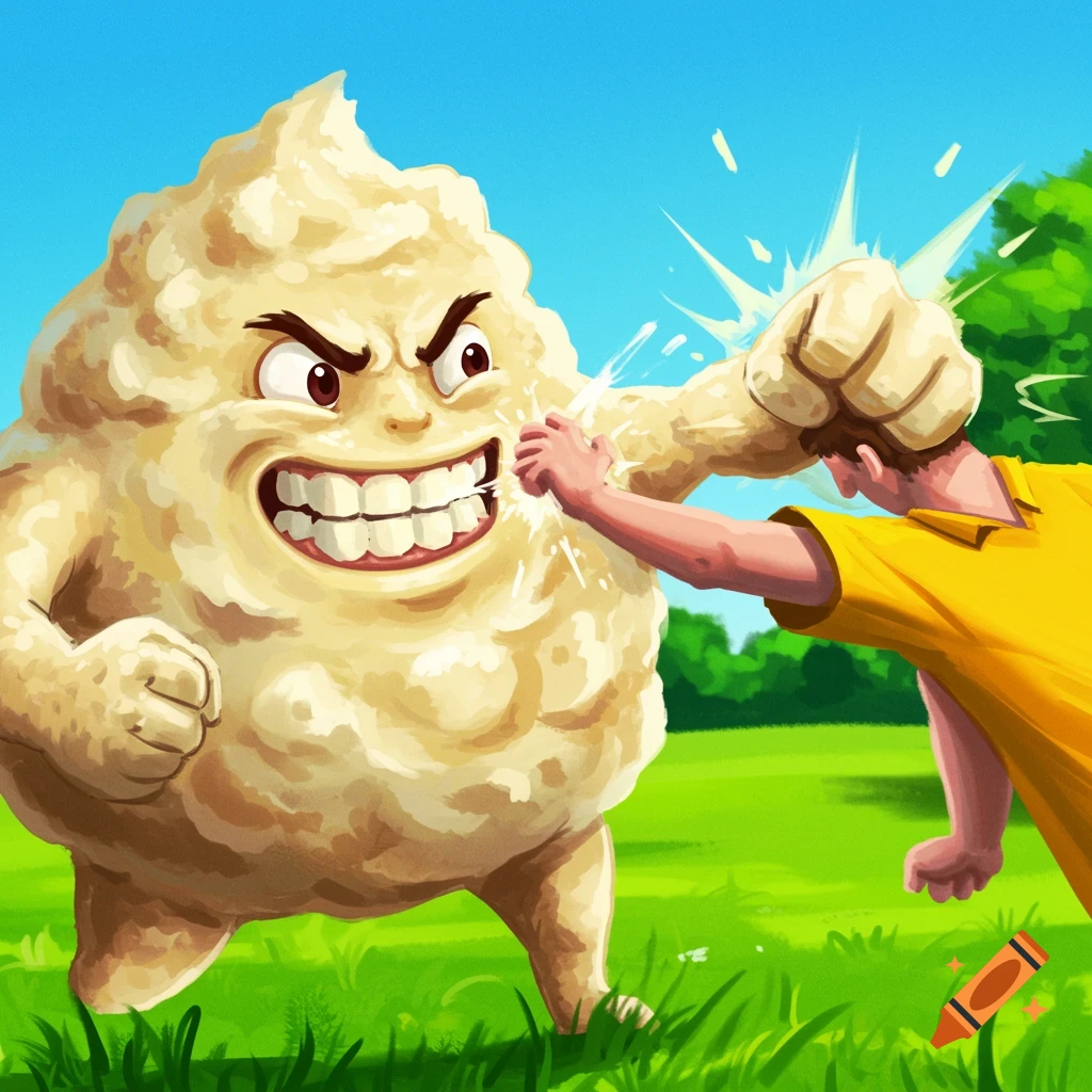 Cartoon of angry mashed potatoes punching a person in a yellow shirt in a field.