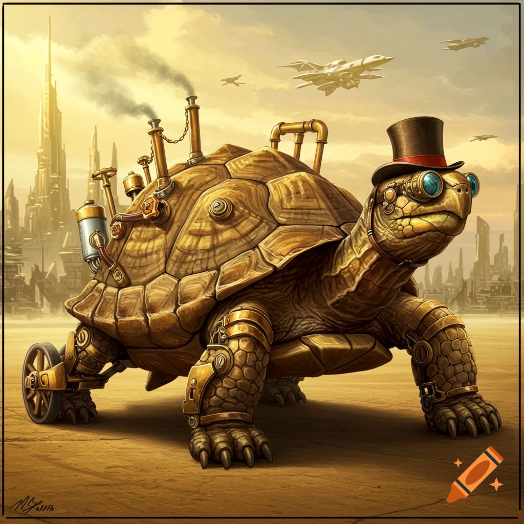 A steampunk turtle wearing a top hat, with gears and pipes, in a city landscape.