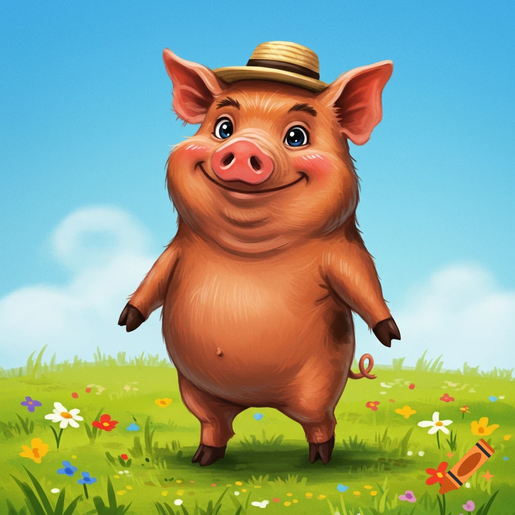 A cartoon pig wearing a straw hat stands in a field of flowers.