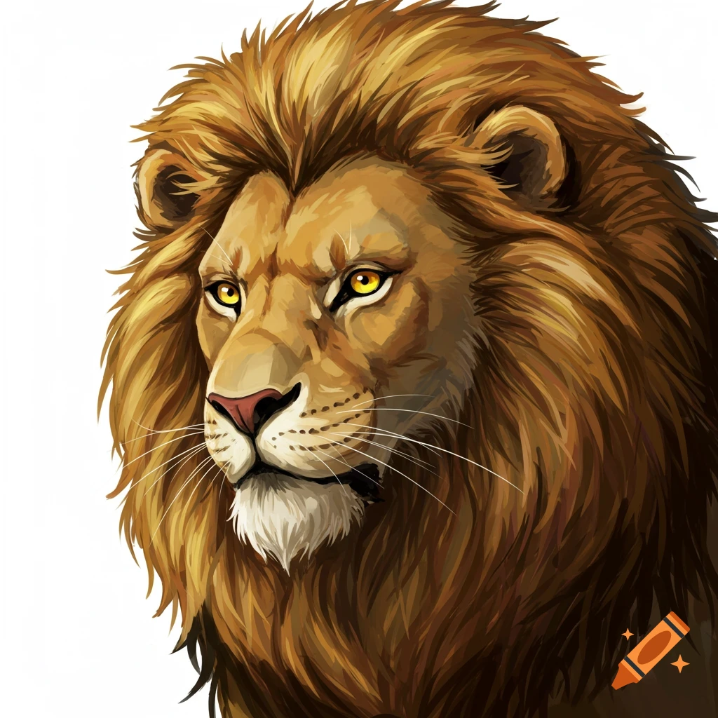 A stylized illustration of a lion's head and mane.