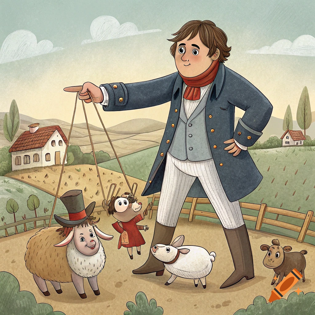 Cartoon illustration of a man resembling Napoleon holding puppet strings over animals in a farm.