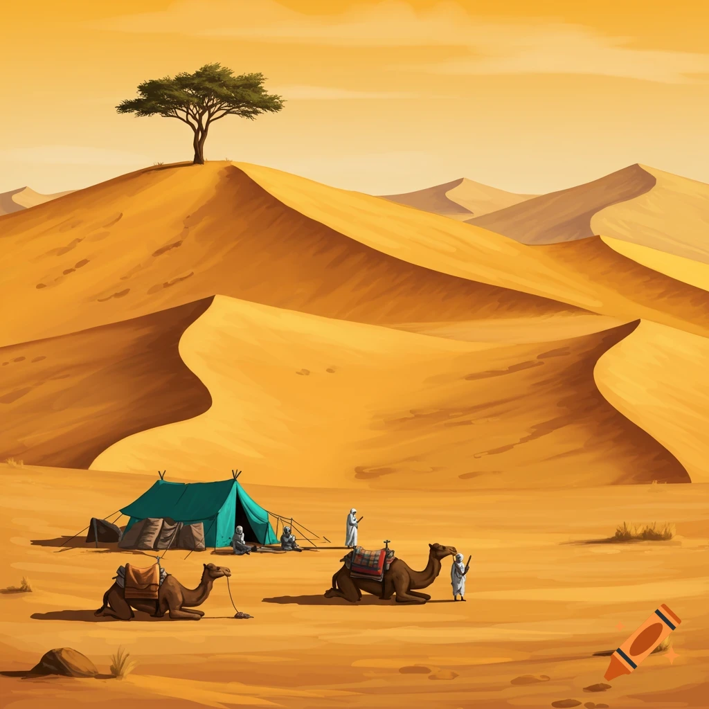 A desert scene with sand dunes, a tree, a tent, people, and camels.