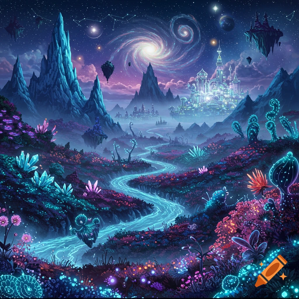 A vibrant glowing fantasy landscape with mountains, a crystal river, and a distant city under a starry sky.