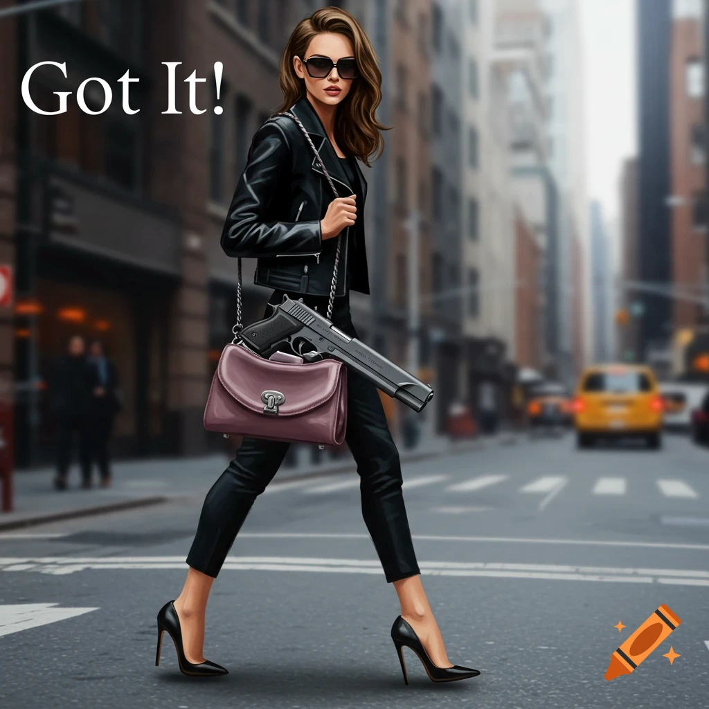 Stylish woman with sunglasses walking in a city street with a gun in her purse, digital art.