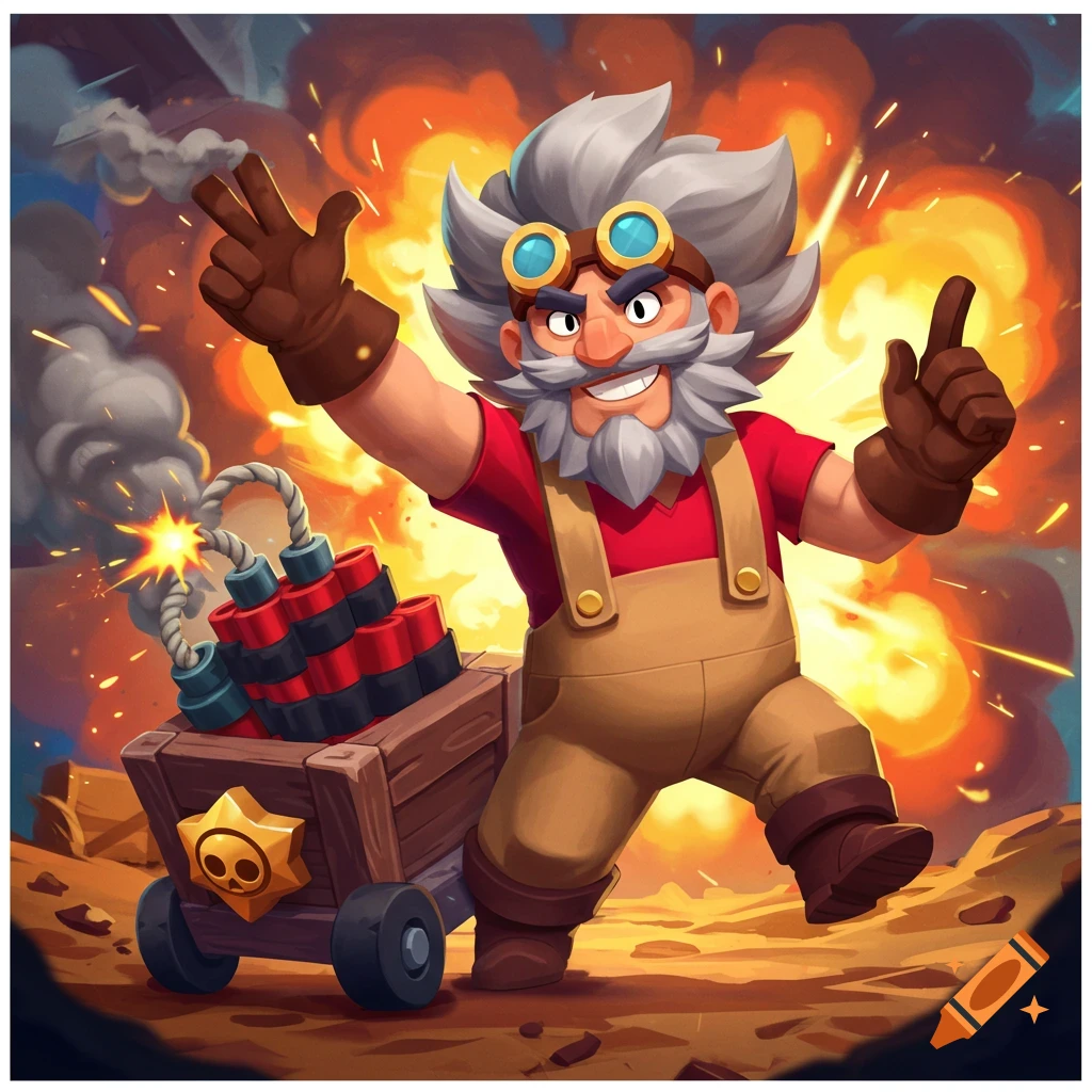Cartoon of Dynamike from Brawl Stars holding up fingers next to a mine cart of dynamite with an explosion behind him.