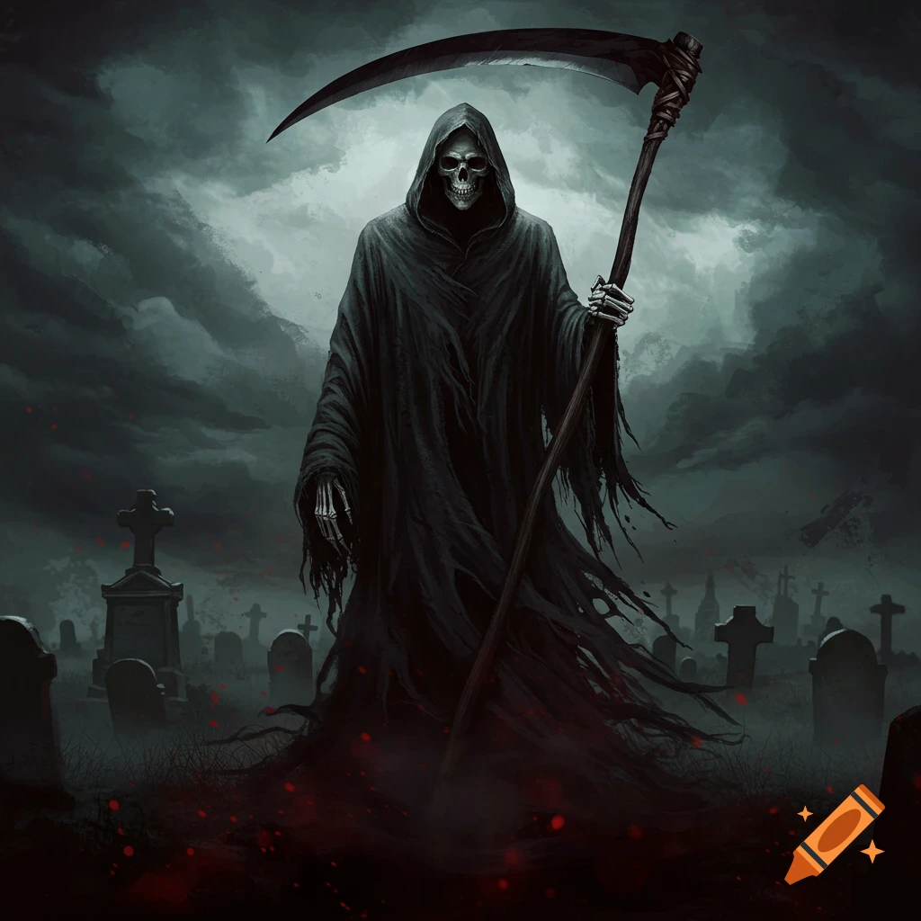 A dark cemetery with the Grim Reaper standing and holding a scythe.