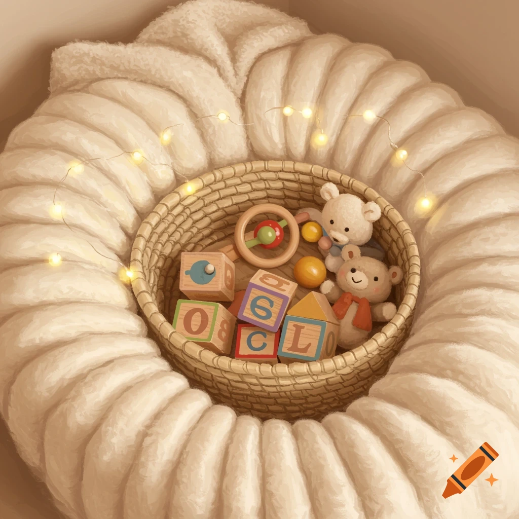 A basket of baby toys in a fluffy blanket with lights