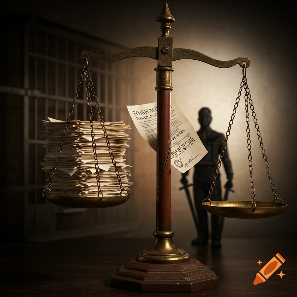 Scales of justice with paperwork on one side, a silhouetted man, and a jail cell.