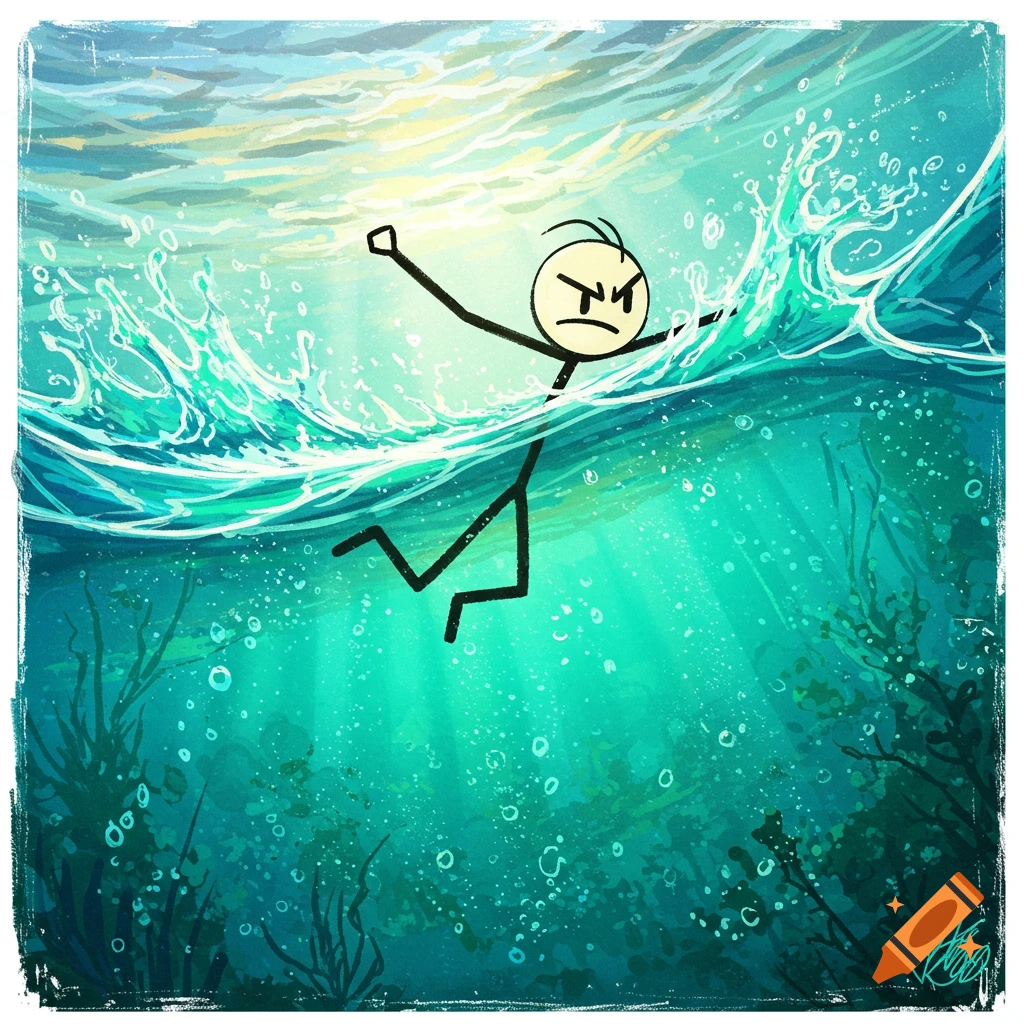 A stick figure swimming underwater near the surface.
