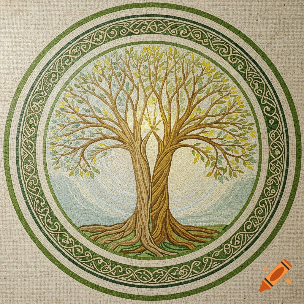 A round mosaic tile pattern depicting a tree with roots and branches inside a green border of celtic knotwork.