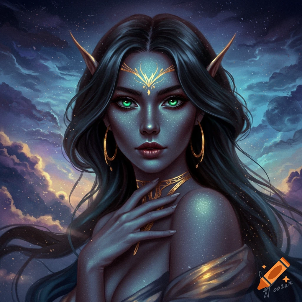 A blue-skinned mythical woman with green eyes and gold jewelry against a starry, cloudy sky.