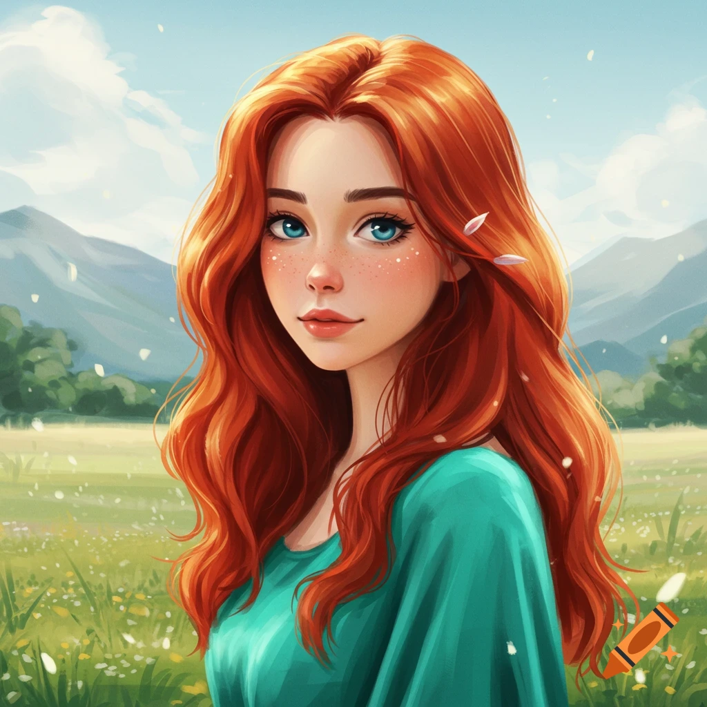 A woman with red hair and blue eyes in a field.