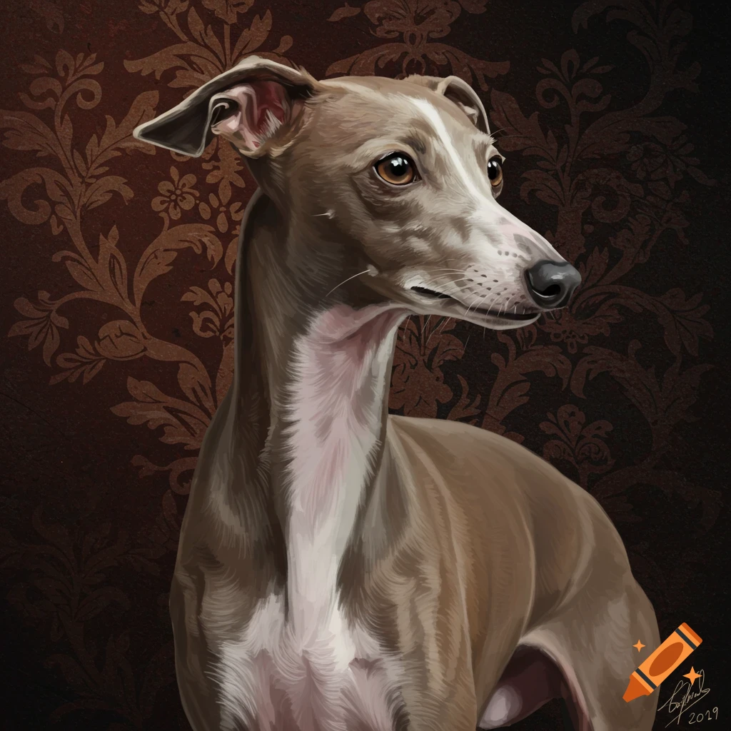 An Italian greyhound against a dark damask background.