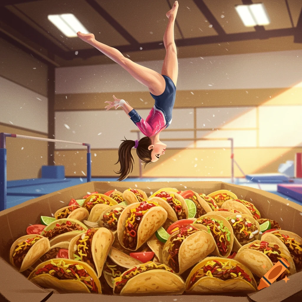 A gymnast is flipping into a giant box of tacos in a gymnasium.