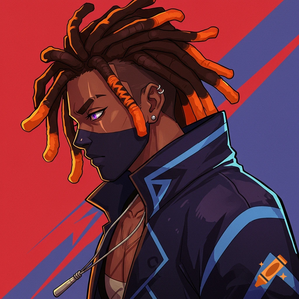 Stylized anime portrait of a character with dark skin, orange-tipped dreadlocks, a black mask, and a dark jacket with blue stripes.