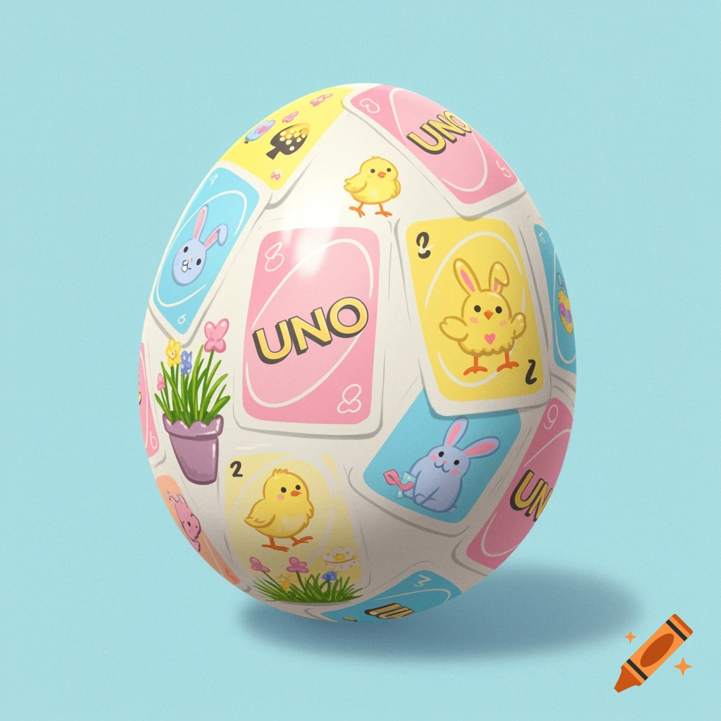 A whimsical Easter egg covered in Uno cards featuring bunnies and chicks, on a light blue background.