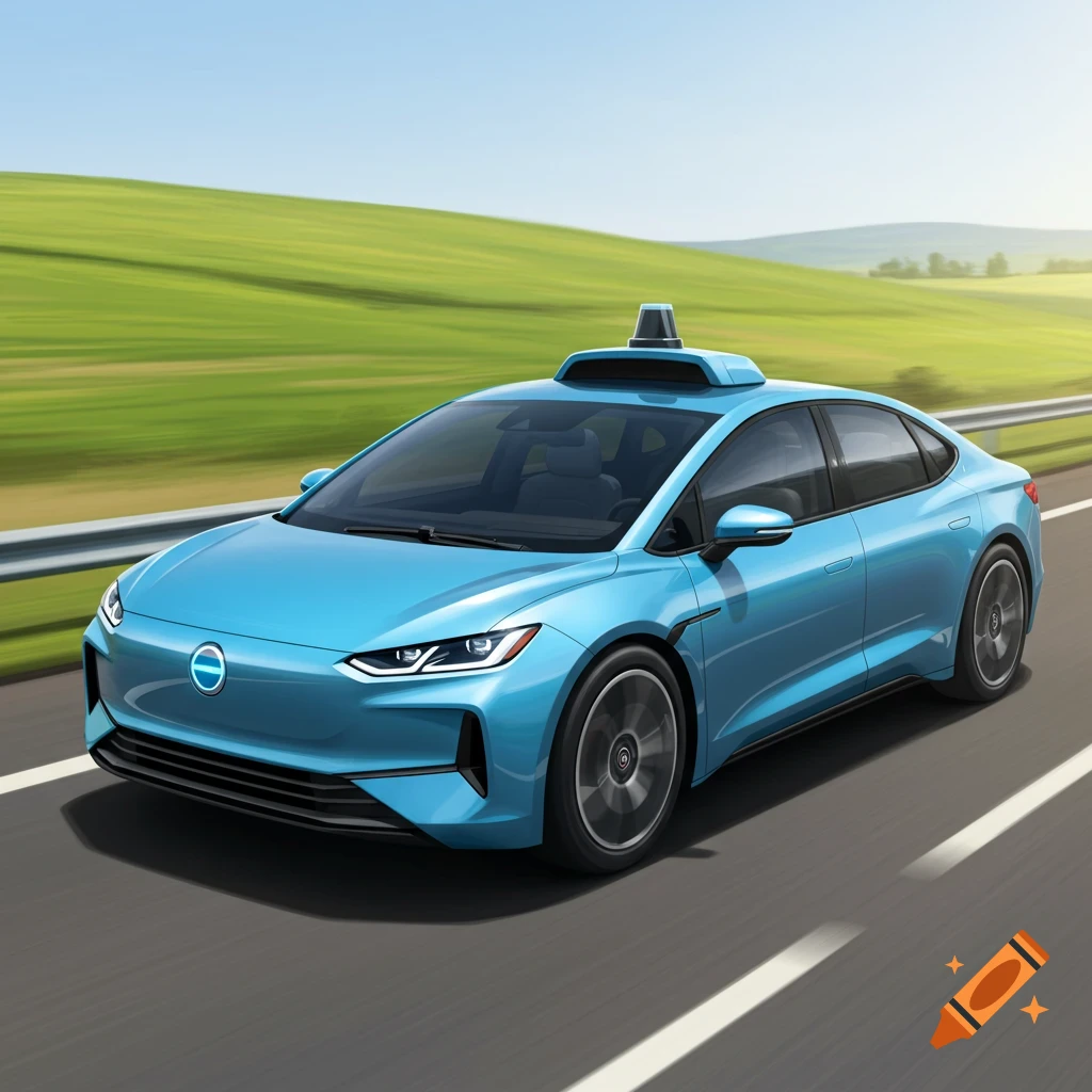 A blue self-driving car on a highway