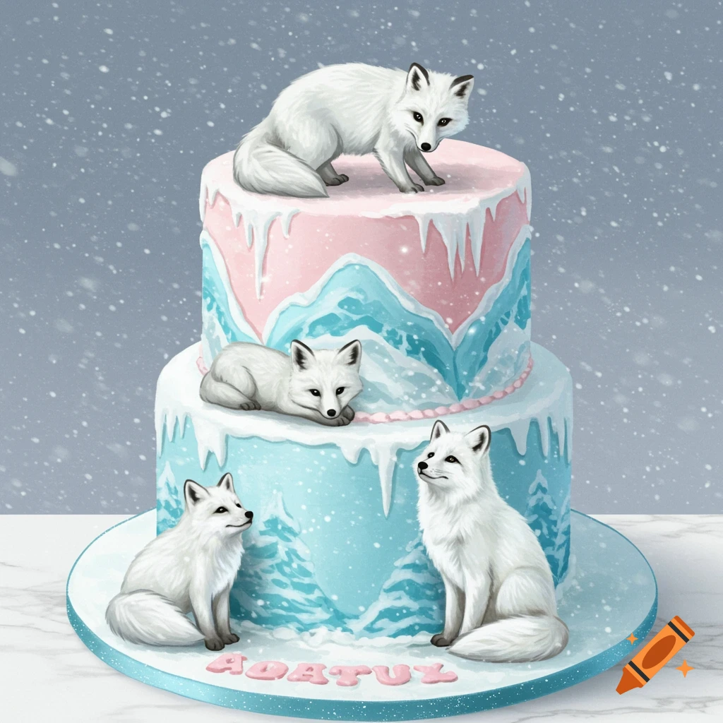 arctic foxes on a multi-tier birthday cake with a winter theme.