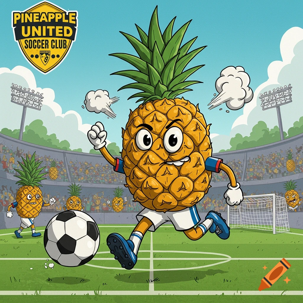 Cartoon pineapple plays soccer in a stadium with other pineapple players and a team logo.