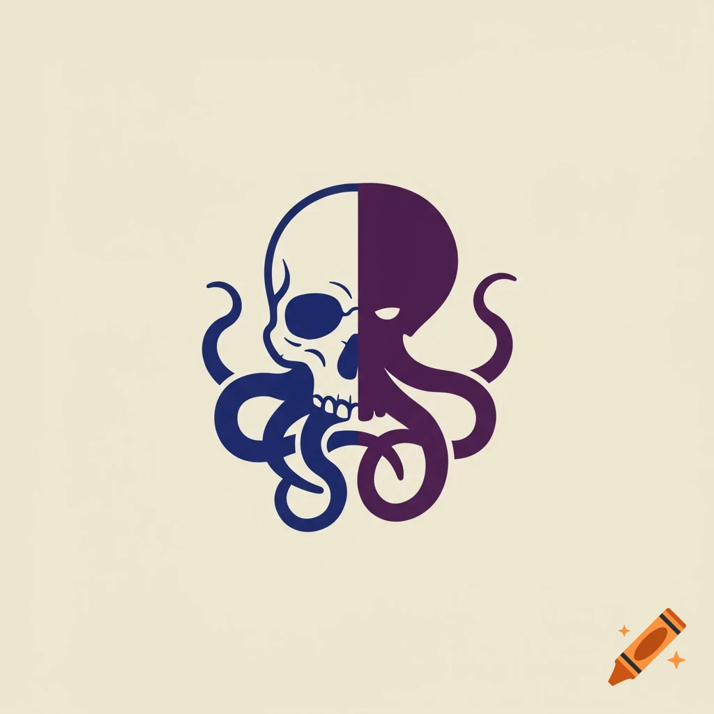 Simplistic abstract logo of a skull and octopus split in blue and purple.