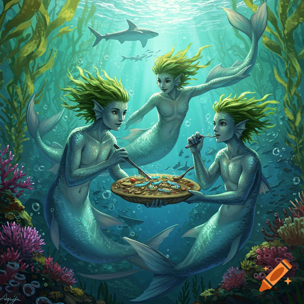 Three merfolk share a meal underwater with sharks in the background.