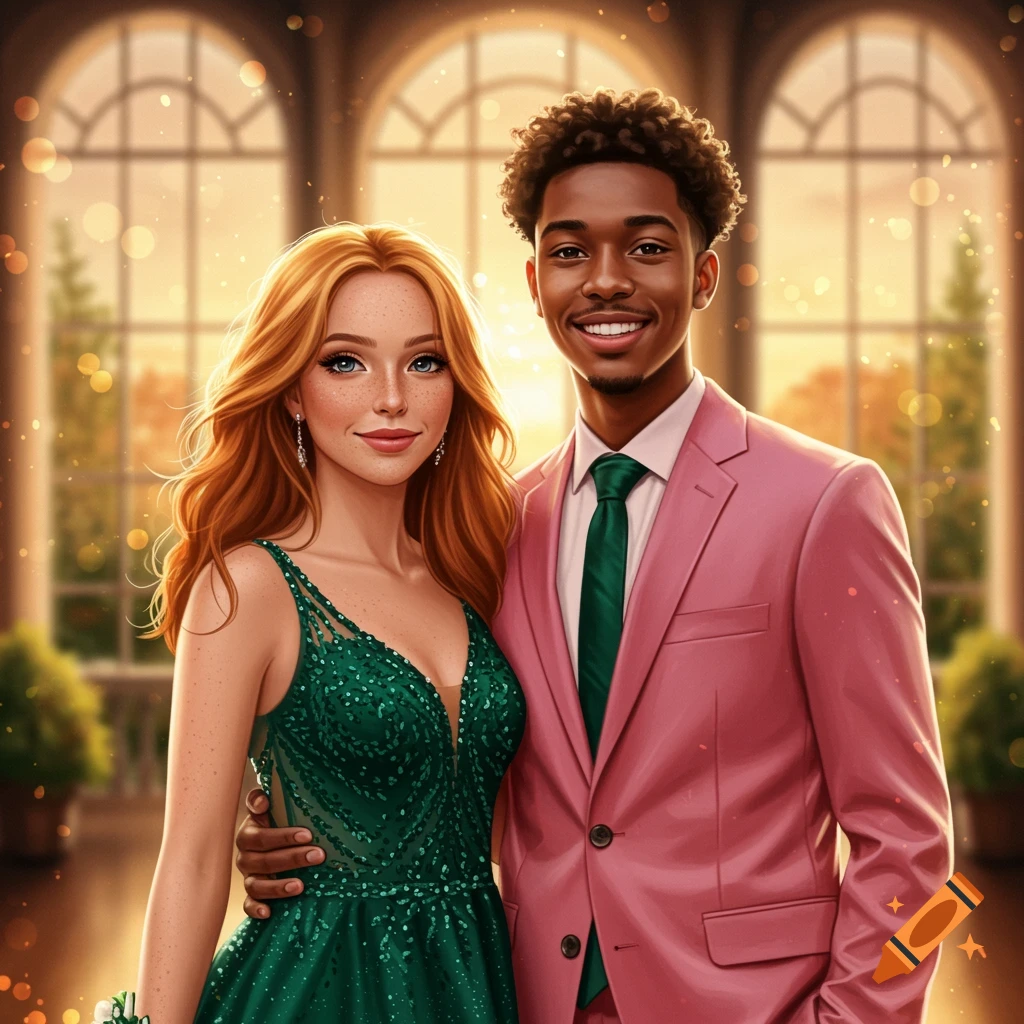 A young couple in formal wear stands in a grand ballroom with bokeh lights.