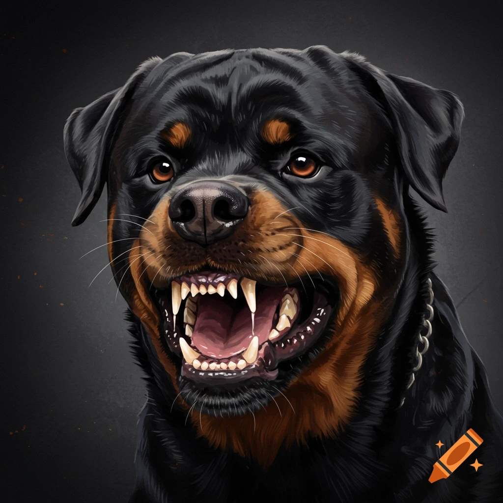 A close-up image of an angry rottweiler baring its teeth.