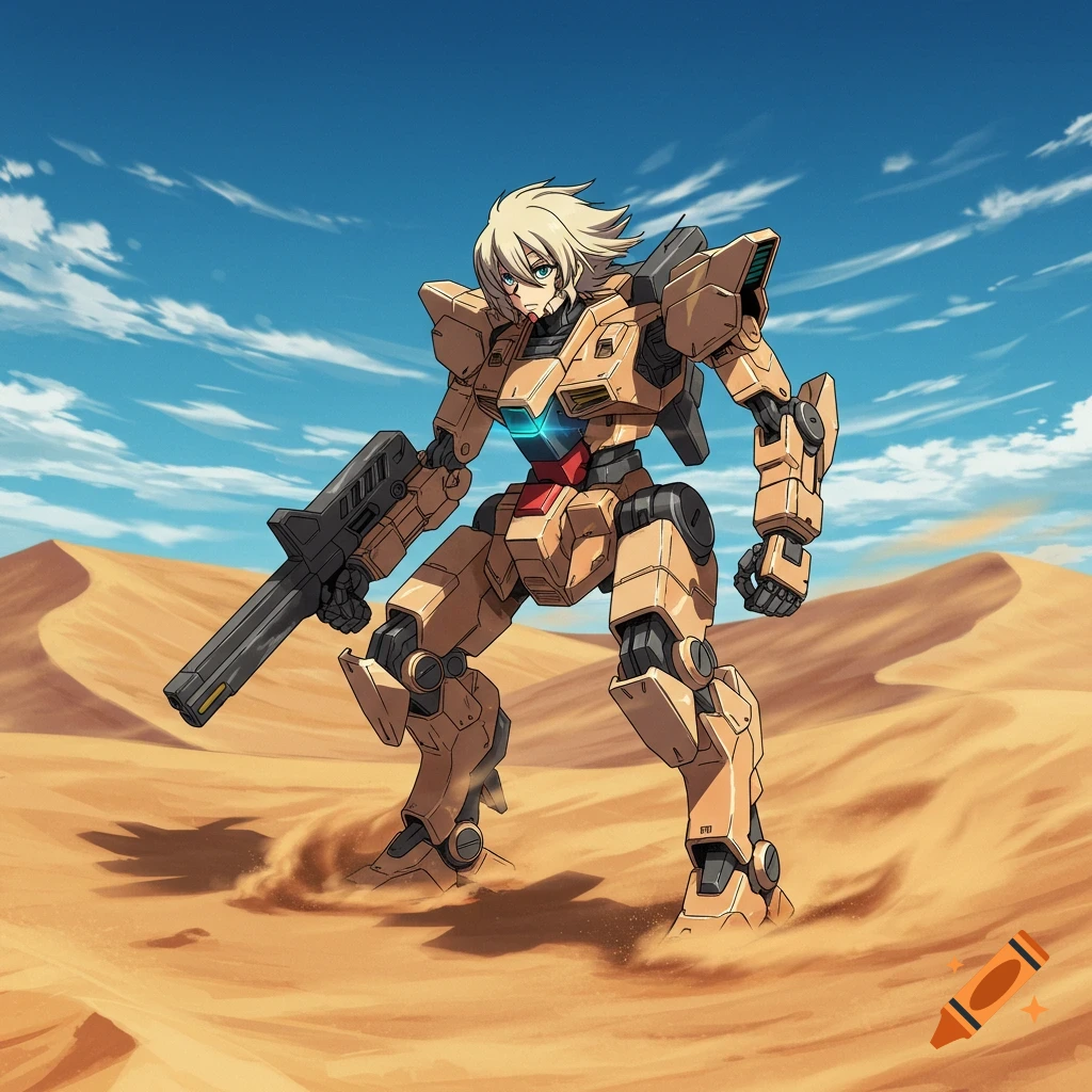 Anime style mech suit in a desert with wind blowing sand.