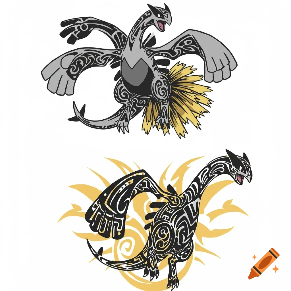 Two tribal style creatures resembling Lugia and Ho-Oh on a white background.