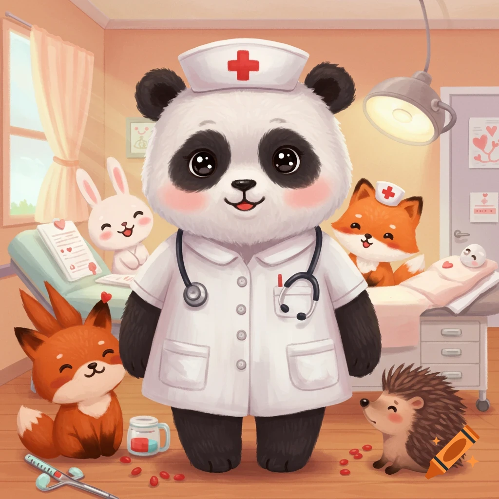 A cute panda nurse with animal patients in a hospital room.