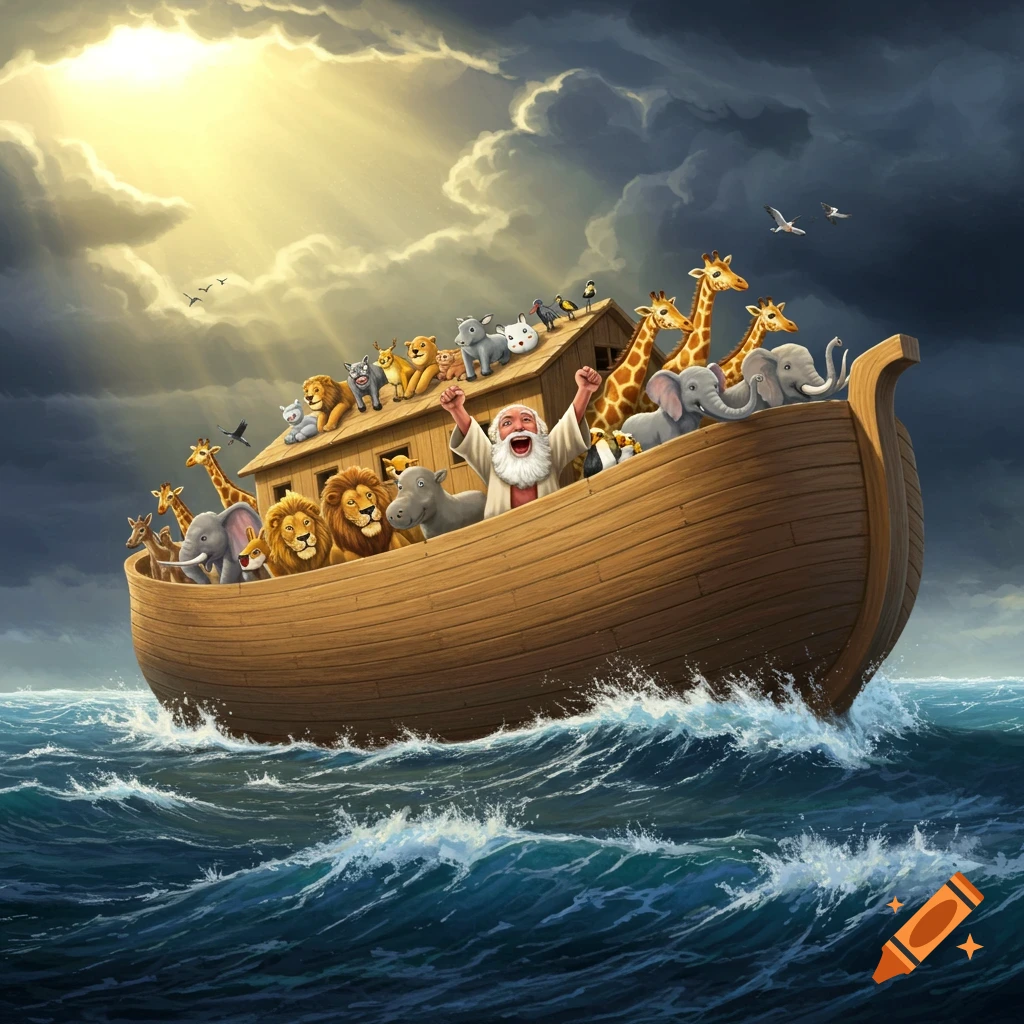 Noah and many animals are on an ark at sea under stormy stormy skies with sunlight breaking through.