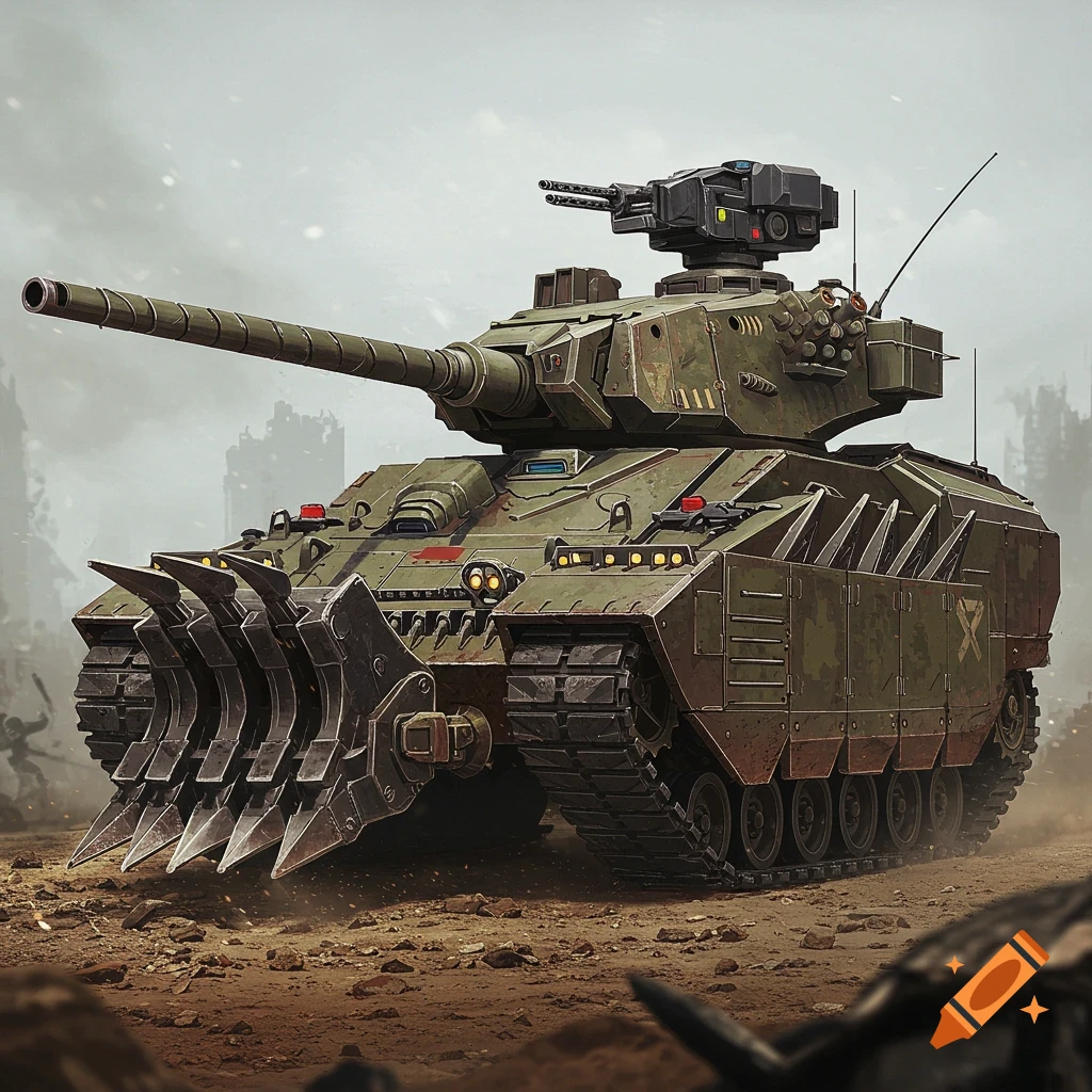 A futuristic battle tank with front spikes and rammer, cannon, and machine gun turret in a dusty, destroyed city.