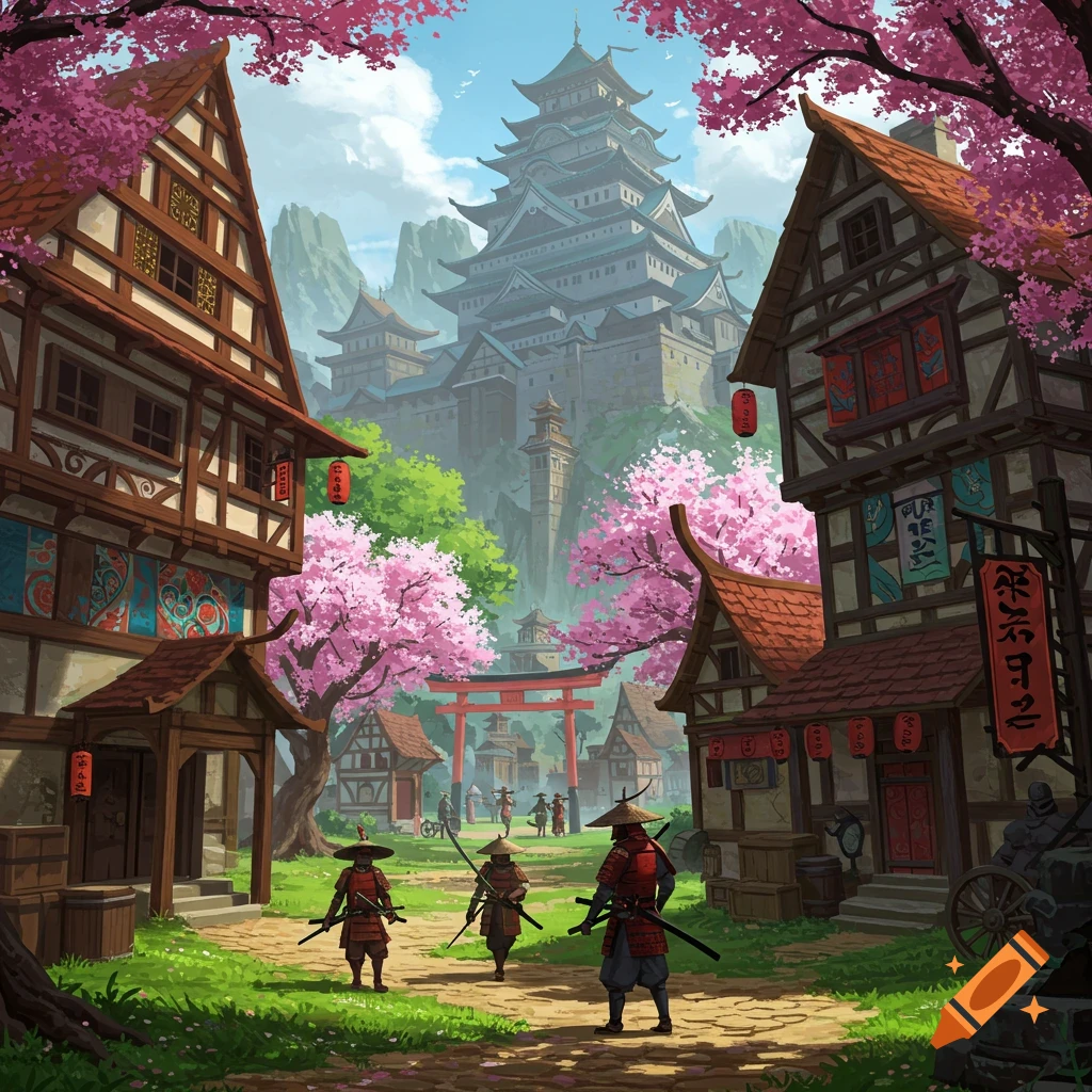 A village with samurai and cherry blossoms, leading to a castle in the distance.