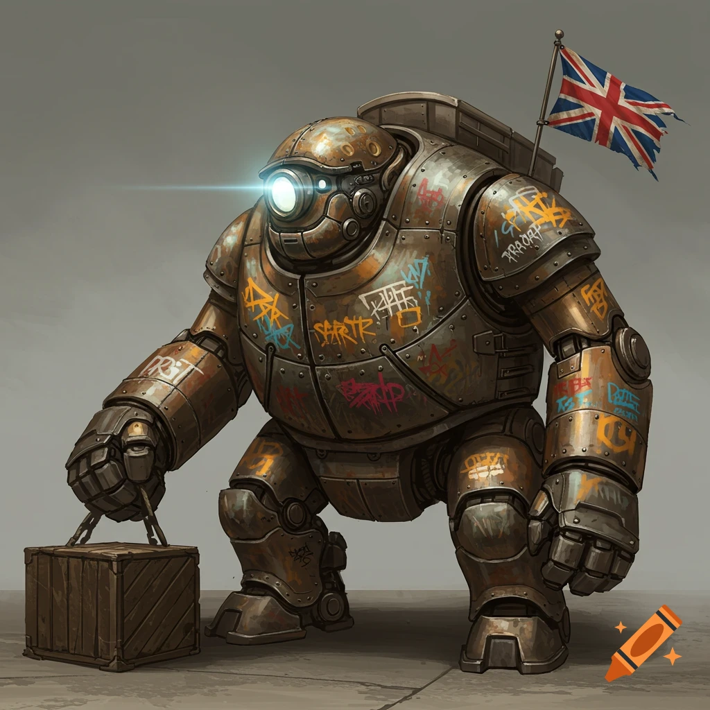 A rusty industrial robot covered in graffiti, holding a crate and carrying a tattered Union Jack flag.
