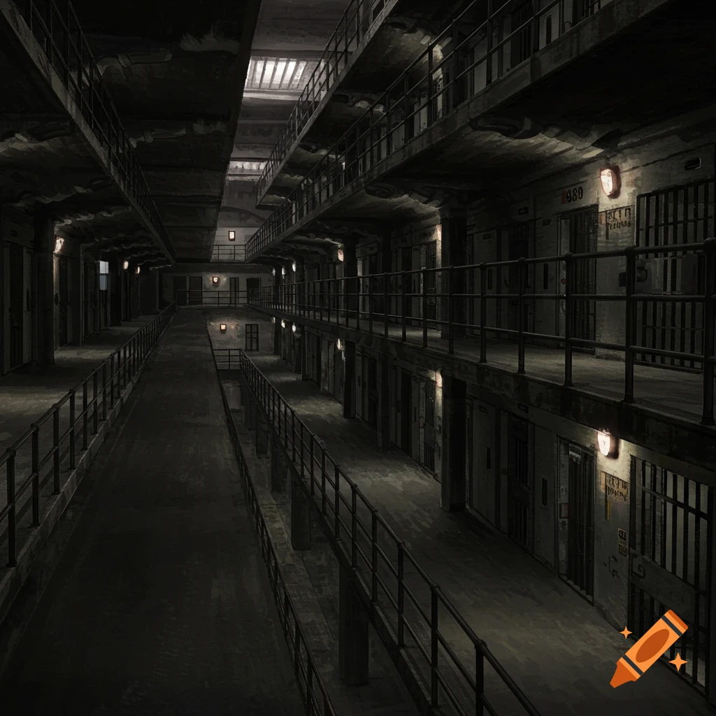 A dark, empty prison corridor with cells lined up on the right.
