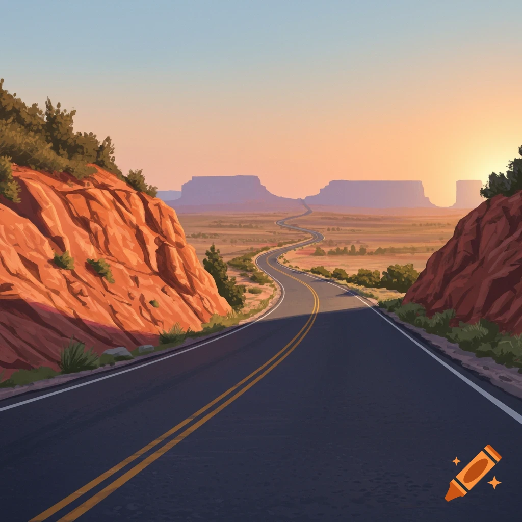 A winding road travels through a desert landscape with mesas at sunrise.