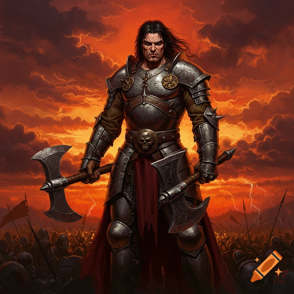 Fantasy warrior in armor holding twin axes, battle scene.