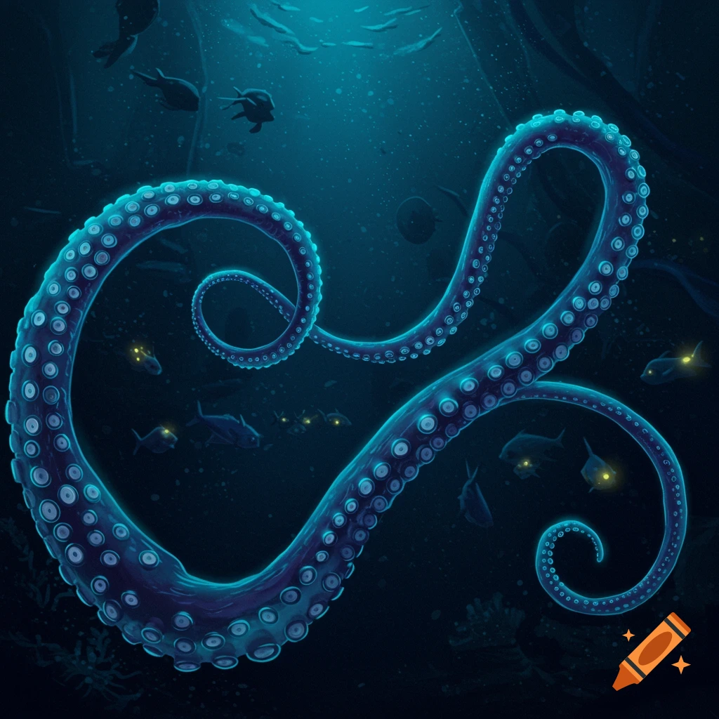 A glowing octopus tentacle swirls in the deep sea with other bioluminescent marine life.