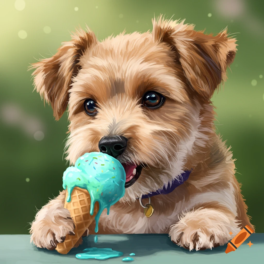 A cute brown puppy eats a melting blue ice cream cone.